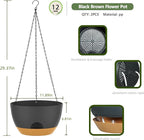 12 Inch Hanging Baskets 2 PC with Chains, Self-Watering Hanging Planters for Indoor Outdoor Plants, Plastic Hanging Flower Pots,Black Brown