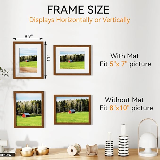IBUYKE 8x10 Picture Frame,Solid Oak Wood 8x10 Photo Frame with Mat to 5x7,10x8 Picture Frames With Tempered Glass,Tabletop or Wall Mount Display,Home Decor,Walnut Oak 8 x 10 Frame,UWPF0810H