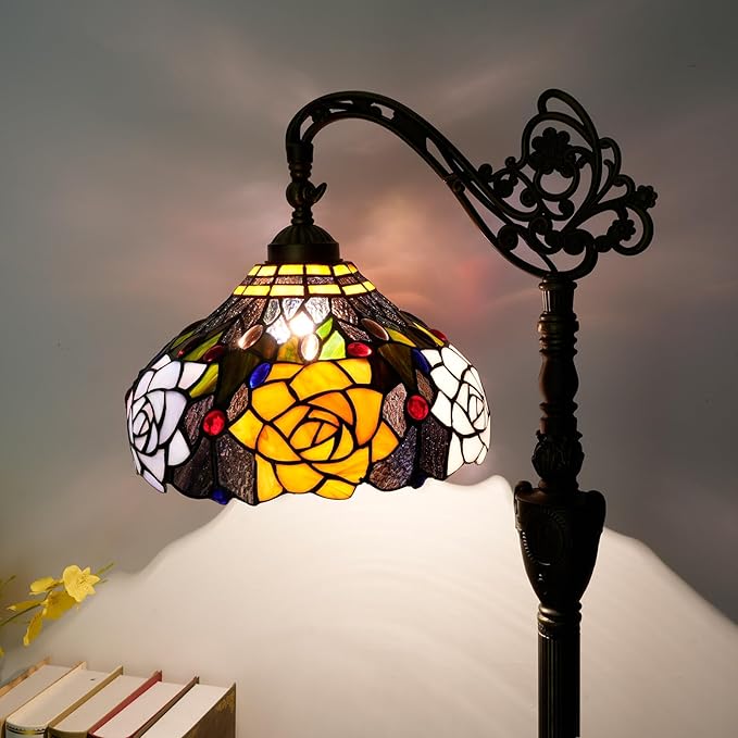 Tiffany Floor Lamp Vintage Standing Lamp Rose flowers Style Stained Glass Floor Light Rustic Corner Gooseneck Floor Lamp with Adjustable Angle for Home Decor Living Room Bedroom 12X12X63 Inches