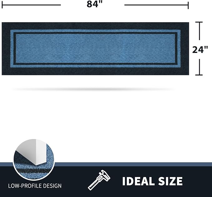 PURRUGS Dirt Trapping Door Mat 24" x 84", Non-Slip/Skid Machine Washable Entryway Rug, Shoes Scraper, Area Rug, Super Absorbent Welcome Mat for Muddy Wet Shoes and Paws, Light Blue & Navy