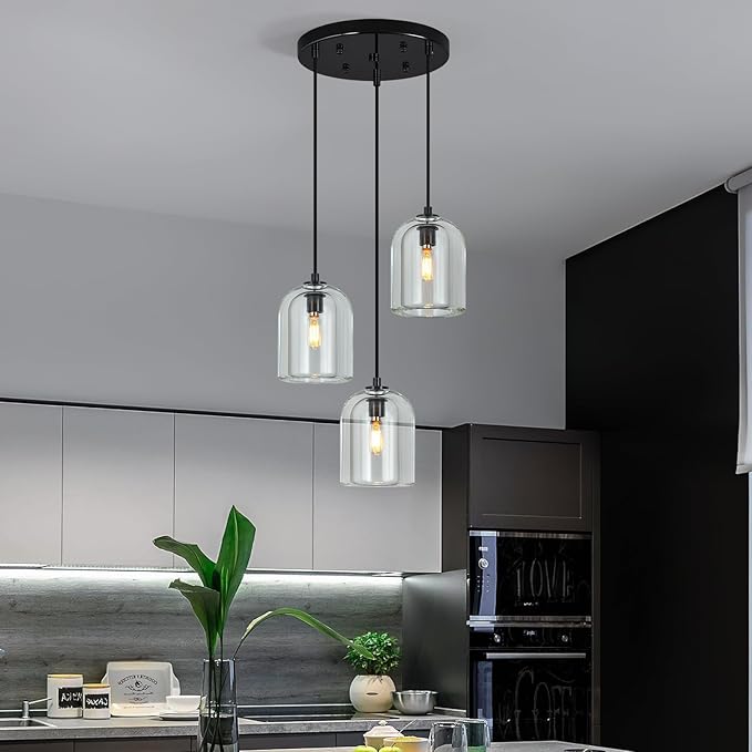 Modern Black Pendant Lights Kitchen Island Ceiling Chandelier Indoor Crystal Hanging Light Fixtures for Dining Room Kitchen Living Room Bedroom（3Light）
