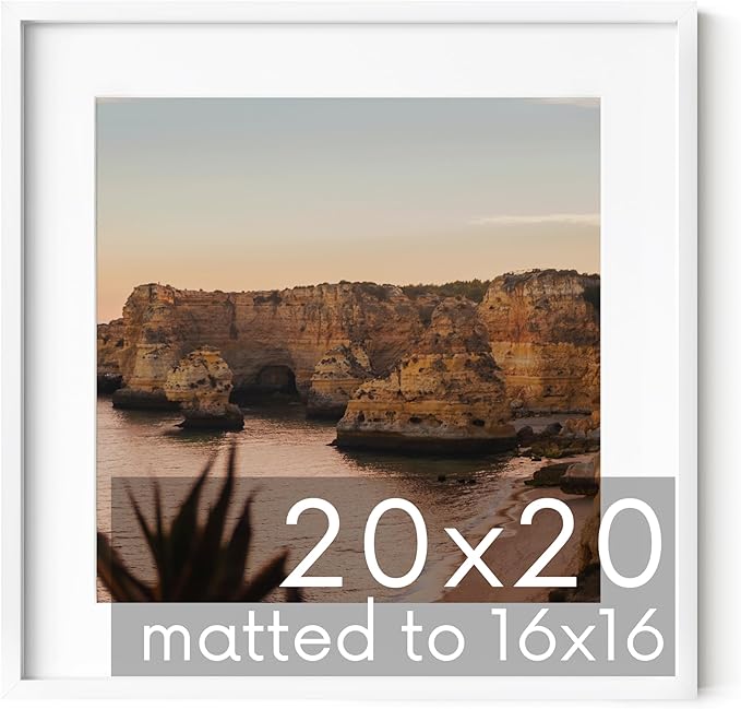 HAUS AND HUES 20x20 White Metal Picture Frame Matted to 16x16 - Features Premium Aluminum & Hanging Hardware, Shatterproof Plexiglass - Ideal for Home, Room, Office (20x20 in, White, Set of 1)
