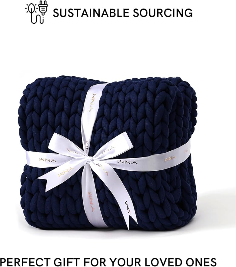 YnM Chunky Throw Blanket, Medium-Weight, Hand Knitted, Skin Friendly, Ventilated and Breathable, Machine Washable, Home Décor Piece for Couch, Sofa and Bed (Indigo Blue, 60x80 Inch)