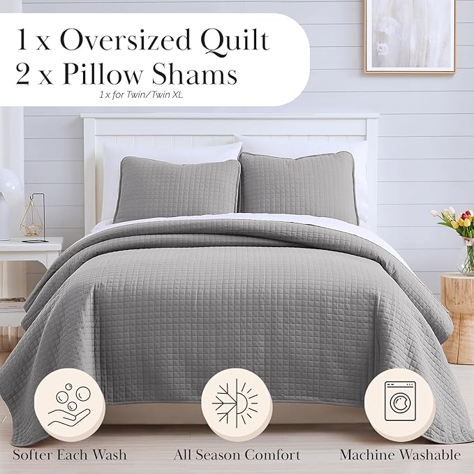Southshore Fine Living, Inc. Comforter Quilt, King Size Bedding Set, Cal/King Quilt Coverlet Set with 2 Shams, Soft Brushed Lightweight Bedspread, Pet Hair Resistant, Steel Grey