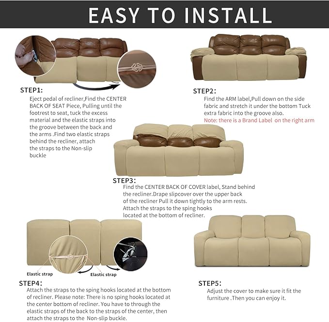 Easy-Going 8 Pieces Recliner Sofa Stretch Sofa Slipcover Sofa Cover Furniture Protector Couch Soft with Elastic Bottom Kids, Spandex Jacquard Fabric Small Checks Beige