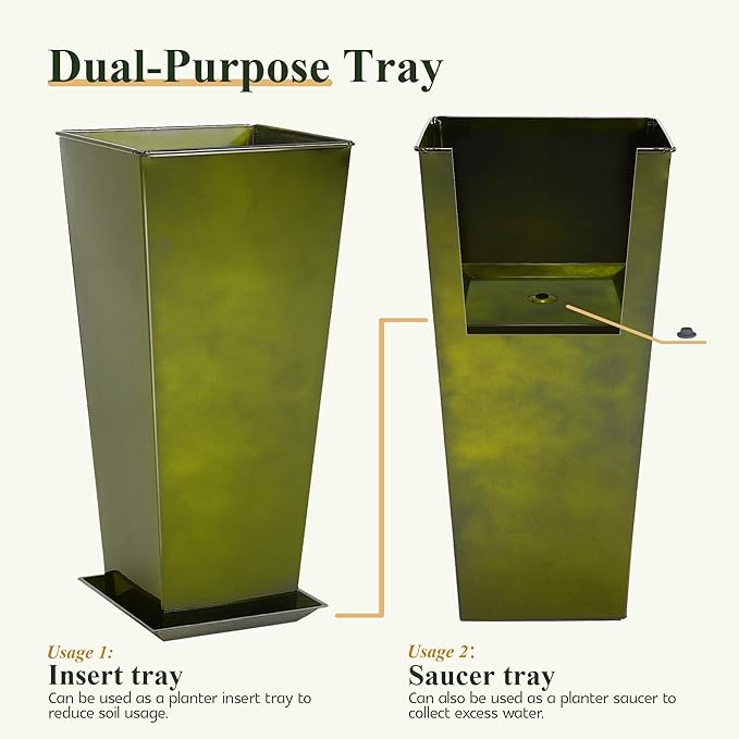WORTH Garden 25" Large Metal Glazed Planter Set of 2, Luxurious Glossy Finish Green Tall Square Tapered Steel Plant Pots, Decor Flower Pot Indoor & Outdoor, Drainage Hole & Dual-Purpose Plant Saucer