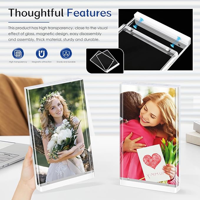 5x7 Acrylic Picture Frame, 4-Pack Magnetic Free-Standing Double-Sided Vertical Display, Clear Frameless Panels, Discreet White Base for Desk/Tabletop, Home & Office Decor