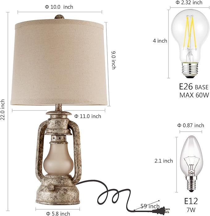 RORIANO Farmhouse Rustic Table Lamps for Living Room Set of 2, Vintage Lantern Table Lamp with Dual USB Ports, Retro Nightstand Lamp for Bedroom Bedside, 4 Bulbs Included (Iron Gray)