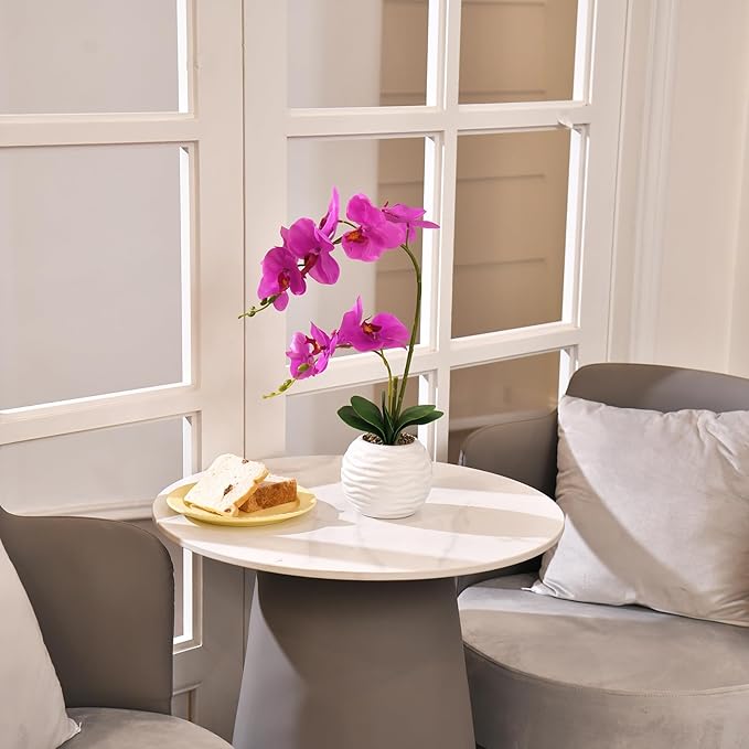 Artificial Potted Orchid Faux Phalaenopsis Silk Flowers Bonsai Realistic Arrangement in Ceramic Vase for Home Decoration Table Centerpiece, Fuchsia