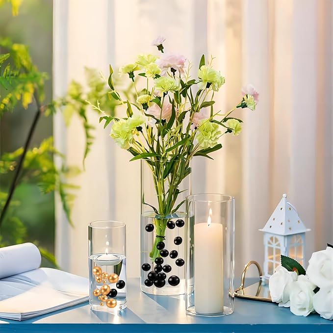 Black Gold Vase Filler | 150PCS Pearls Bead for Centerpieces Vases | 8/14/20 mm No Hole Beads, Fake Pearls for Wedding Birthday Graduation Theme Party Table Centerpieces Decor