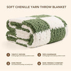 L'AGRATY Chunky Knit Blanket Throw: 60''x80'' Chenille Chunky Knitted Throw Blankets for Twin Bed Couch - Handmade Thick Cable Knit Blanket - Large Crochet Blankets for Home Decor(Green Checkered)