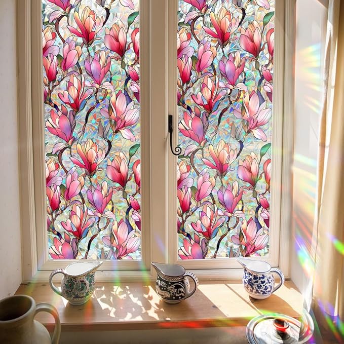 Window Film, Decorative Pink Magnolia Stained Static Glass Window Clings Stickers for Home Office Living Room Bedroom Glass Windows Door Decor 16.93 x 39.37 Inches