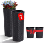 IDZO All Weather Wicker Planters for Outdoor Plants Set of 2, 24 inch Tall Black Planter for Front Porch, Patio, Balcony, Indoor Usage - Round Rattan Flower Pots