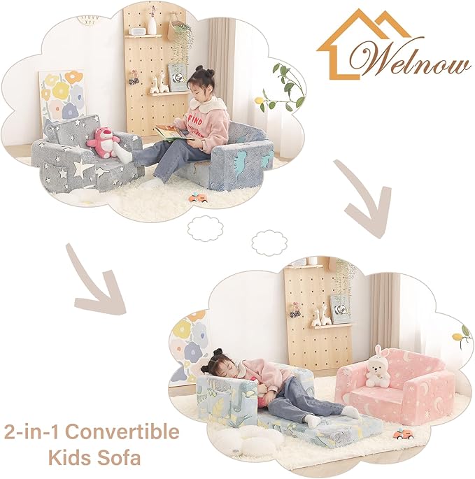 Welnow 2-in-1 Kids Sofa Chair, Glow in The Dark Convertible Toddler Chair Flip Out Children Sofa Folding Kids Play Sofa with Side Pockets & Removable Cover Armrest Chair for Girl or Boy