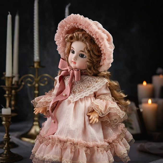 16-Inch BJD Vinyl Bisque Doll, Scale Poseable Vintage Court Doll with Victorian Dress, Collectible Doll with Gift Box for Display, Decoration, Birthday Gift Name Porcelosia (Pink)