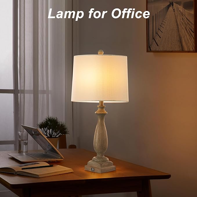 𝟐𝟔-𝐈𝐍𝐂𝐇 Rustic Table Lamp Set of 2 for Living Room, Vintage Farmhouse Bedside Lamp with USB Charging Port, 3 Way Dimmable Resin Nightstand Lamps with White Shade for Bedroom, End Table