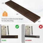 Floating Shelves for Wall, 55"W x 9.3"D x 1.5"H, Long Wooden Wall Mounted Display Shelves with Invisible Brackets for Living Room, Bedroom, Bathroom, Kitchen Decor and Storage, Set of 1, Walnut