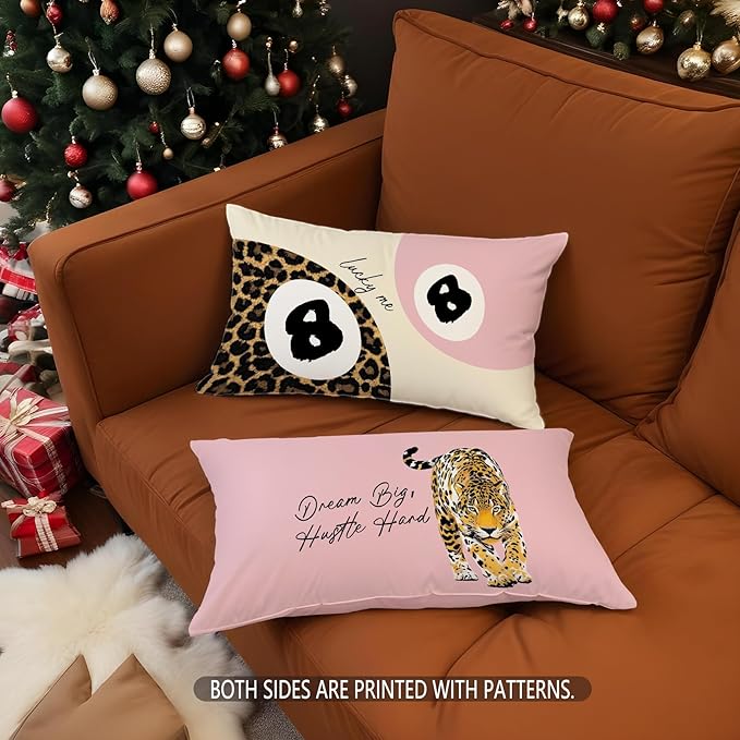 Trendy Leopard Lucky 8 Ball Pillow Covers 20x12, Cheetah Leopard Print Room Decor, Funky Preppy Leopard and Black Billiards Decorative Throw Pillow Covers for Girls Dorm Apartment，Set of 2
