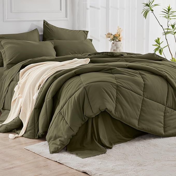 JOLLYVOGUE Full Comforter Set, Ultra-Soft Bed in a Bag Full Size 7 Pieces, Oeko-TEX Certified Bedding Set with Down Alternative Comforter, Sheets, Pillowcases & Shams, Olive Green