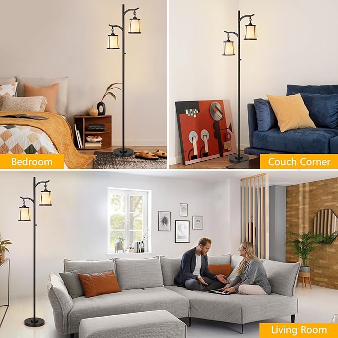 9MMML Farmhouse Floor Lamp for Living Room, 67'' Tall Floor Lamp with 2 Hanging Smooth Faux Leather Lamp Shade, Vintage Black Dimmable Standing Lamp for Bedroom, 2 x 800LM LED Bulbs Included