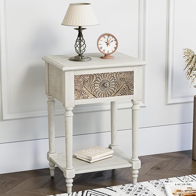 HOMPUS End Table Set of 2 with Drawer and Shelf, Vintage Nightstand Set 2 w Pattern Drawer, White Bedside Table, Accent Nightstand Organizer for Living Room, Bedroom, Easy to Assemble, Distress White