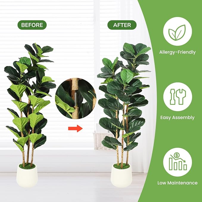 GarveeHome 5 ft Faux Fiddle Leaf Fig Tree with White Pot, Faux Trees with Artificial Plants 56 Fiddle Leaves Greenery - Lifelike Fake Tree for Home Office Store Room Decor Indoor Outdoor