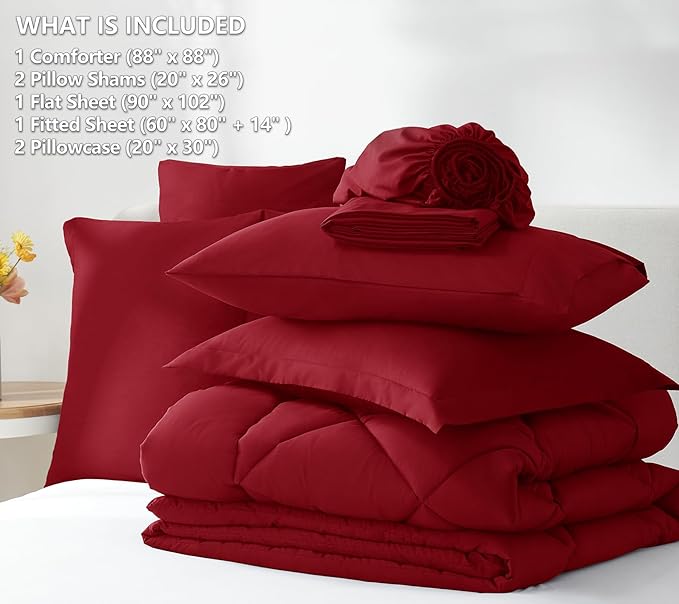 CozyLux Queen Comforter Set Dark Red - Bed in a Bag Queen Size 7 Pieces, Luxury Soft Bed Set for All Seasons, Bedding Set with Down Alternative Comforter, Sheets, Pillowcases & Shams