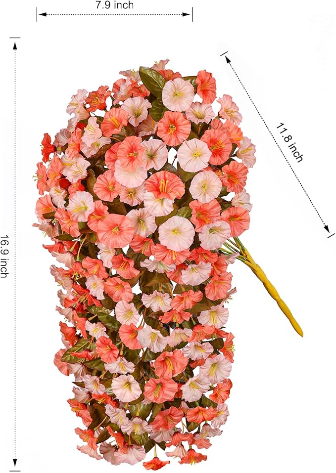 Artificial Fake Fall Mums Hanging Flowers Plants for Outdoor Decoration, 2 PCS Faux Silk Morning Glory Trailing Vines UV Resistant for Wall Home Porch Patio Party Decor (Fall Orange and Light Orange)