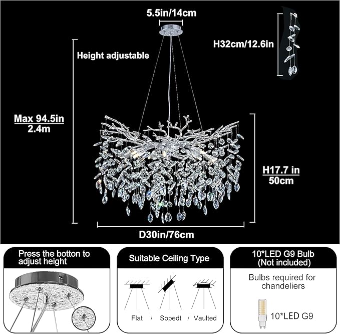 Modern Round Crystal Chandeliers, 30" Crystal Chandeliers for Dining Room,Silver Tree Branches Chandelier, for Living Room,High Ceiling,Foyer,Entryway,Kitchen Island