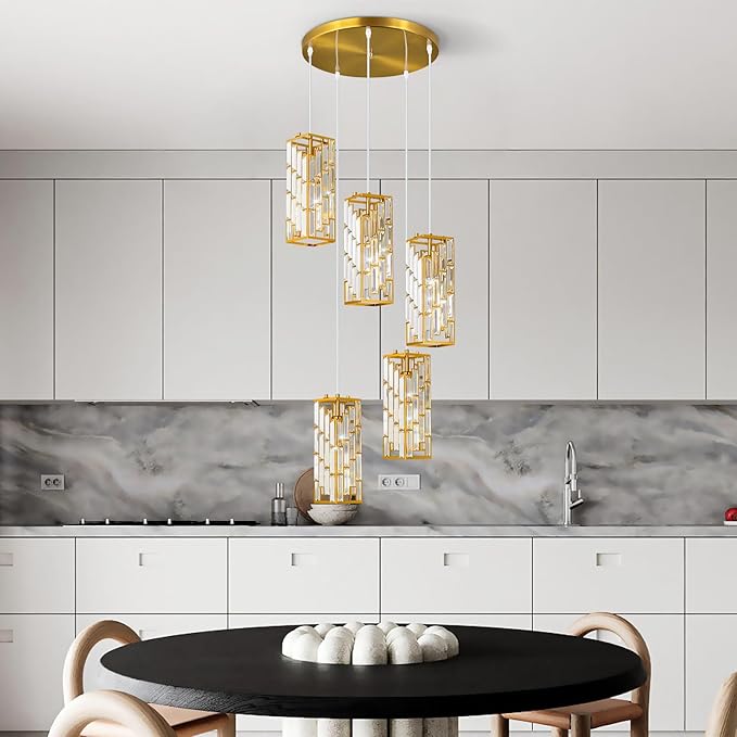 Gold Pendant Lighting Modern Pendant Light, Mini Crystal Chandeliers,Adjustable Pendant Light Fixture for Kitchen Island Dinning Room Bedroom (5 Light)