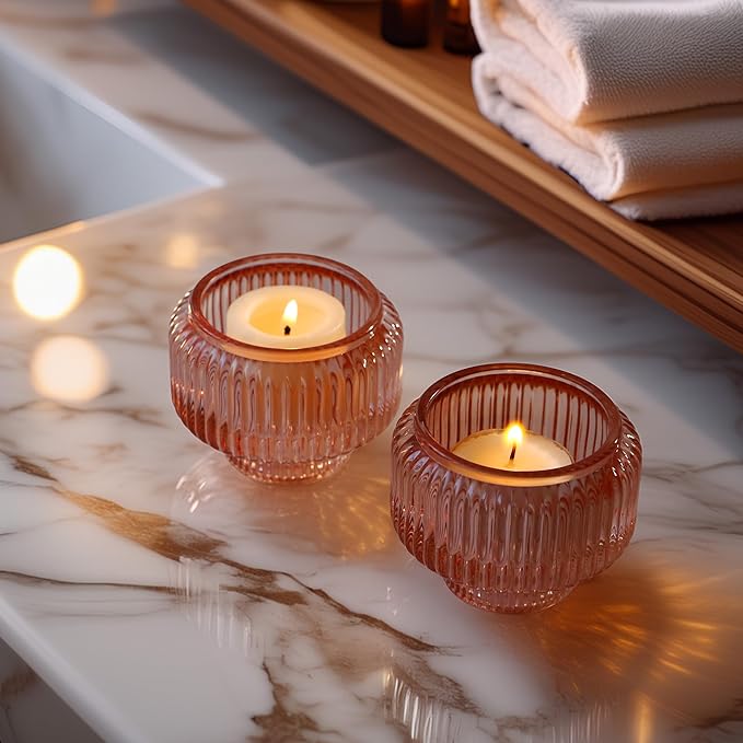 Kate Aspen Rose Gold Taper Candle Holders for Candlesticks Set of 4, Ribbed Glass Candlestick Holders, Votive Candle Holder Decor Accents, Pink Room Styling, Wedding & Home Centerpieces, Table Decor