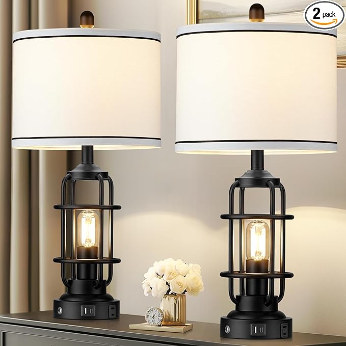 Modern Table Lamps, Industrial 3-Way Dimmable Bedside Lamp with USB A+C Ports & AC Outlet, Touch Control Rustic Nightstand Lamp LED Night Light for Living Room Bedroom Decor Home(4 Bulbs Included)