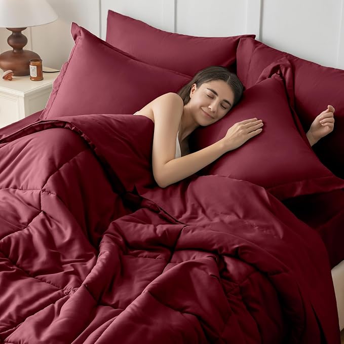 JOLLYVOGUE Full Comforter Set, Ultra-Soft Bed in a Bag Full Size 7 Pieces, Oeko-TEX Certified Bedding Set with Down Alternative Comforter, Sheets, Pillowcases & Shams, Burgundy