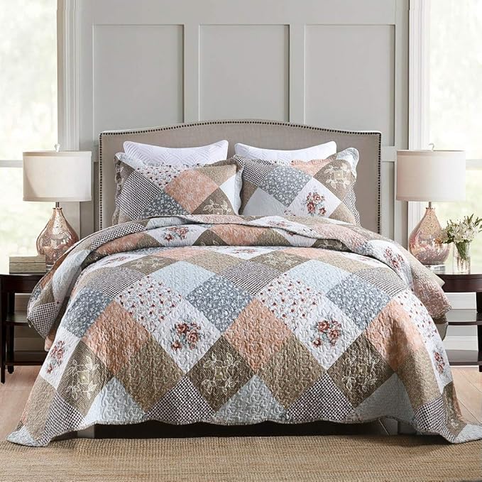 Travan 3-Piece King Quilt Set Quilted Bedspread Lightweight Reversible Coverlet Set Floral Printed Quilted Bedding Set with Shams for All Season, Brown Floral, King Size