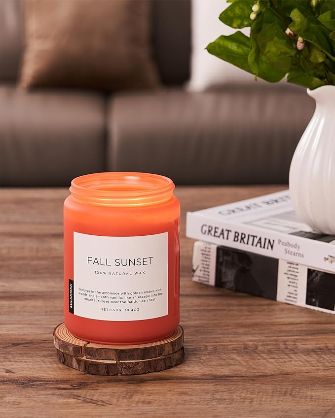 M&SENSE Fall Sunset Amber Scented 19.4oz 110 Hours Long Lasting Slow Burning Candle for Housewarming, Large Natural Soy Organic Relaxing Aromatherapy Candle Gifts for Women Men