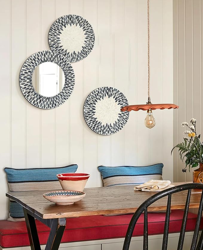 Natural Mother of Pearl Mirror Wall Decor for Bedroom Bathroom, 3PCS Geometric Wall Art Modern Home Office, Handmade Mosaic Art Circle Sculptures for Kitchen Living Dining Room (Black White)