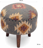 Handmade Kilim Jute Pouf Ottomans Wooden Seating Stool for Living Room, Bedroom (16" D x 16" W x 16" H) (Grey)