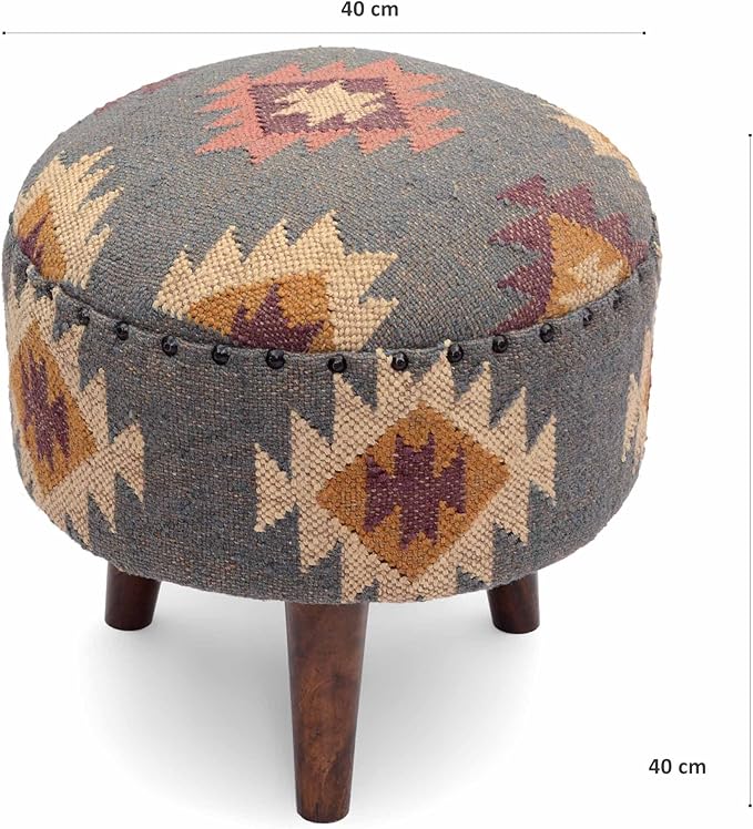 Handmade Kilim Jute Pouf Ottomans Wooden Seating Stool for Living Room, Bedroom (16" D x 16" W x 16" H) (Grey)