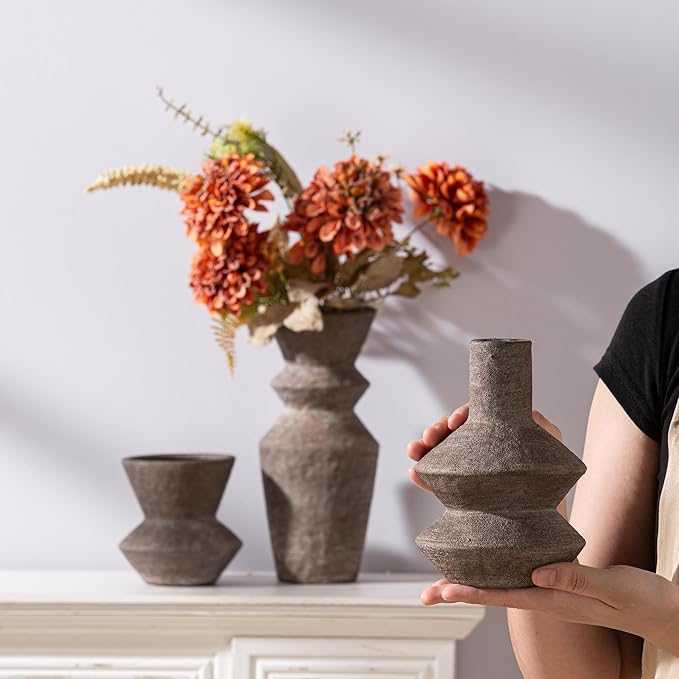 Ceramic Vase Home Table Decor - Brown Flower Vase Set of 3 Living Room Kitchen Decorations Farmhouse Modern Rustic Vases Decorative Centerpiece for Shelf Bedroom Office Bathroom Dining Coffee Desk
