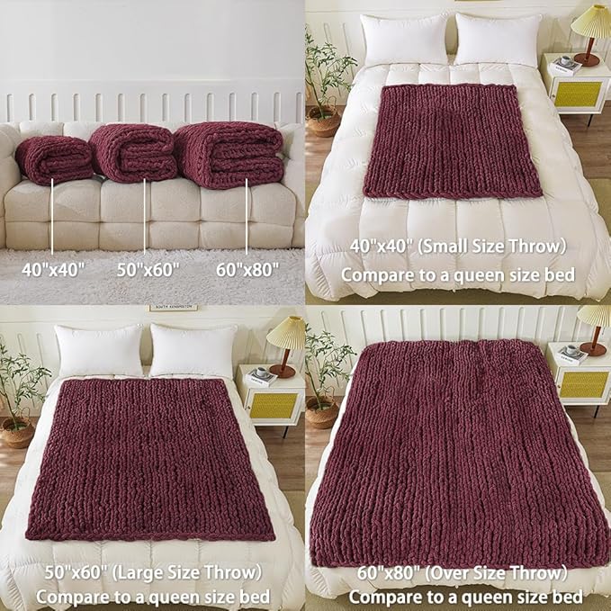 WESHIONGOO Chunky Knit Blanket Throw 40"×40" Knitted Throw Blankets for Couch Bed Fluffy Soft Blanket with Jumbo Chenille Yarn Thick 100% Handmade (Burgundy Red)
