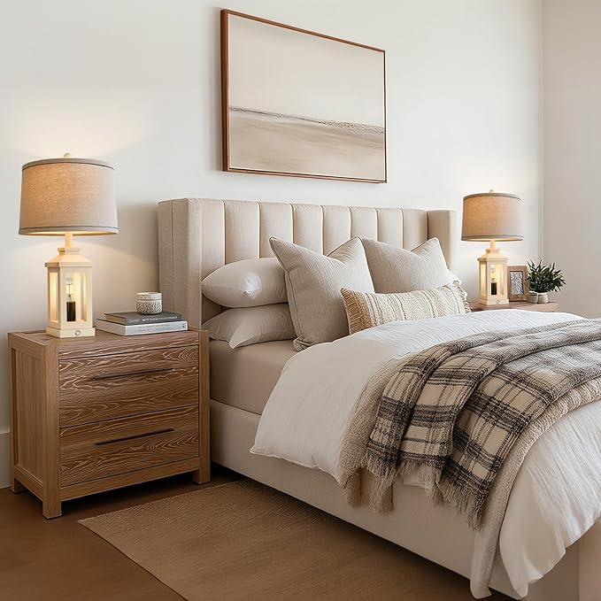 BOBOMOMO 23.75" Antique White Farmhouse Table Lamps Set of 2 – Vintage Nightstand Lamps with 3 Way Dimmable Touch Control Night Light & USB A+C Ports, Rustic Lamps for Bedroom, Living Room, Hallway