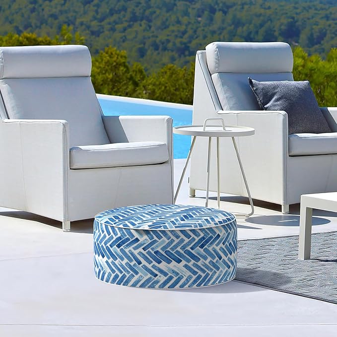 LVTXIII Indoor/Outdoor Inflatable Ottoman, All Weather Round Footrest Stool D21”x H9”, Portable for Patio Garden Camping or Home-Blue Bricks