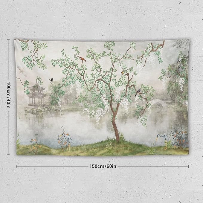 HZOHNAGO Japanese Tapestry Tree Misty Garden Lake Printed Wall Tapestry Ink Painting Wall Hanging for Bedroom Living Room Dorm 60" W x 40" H