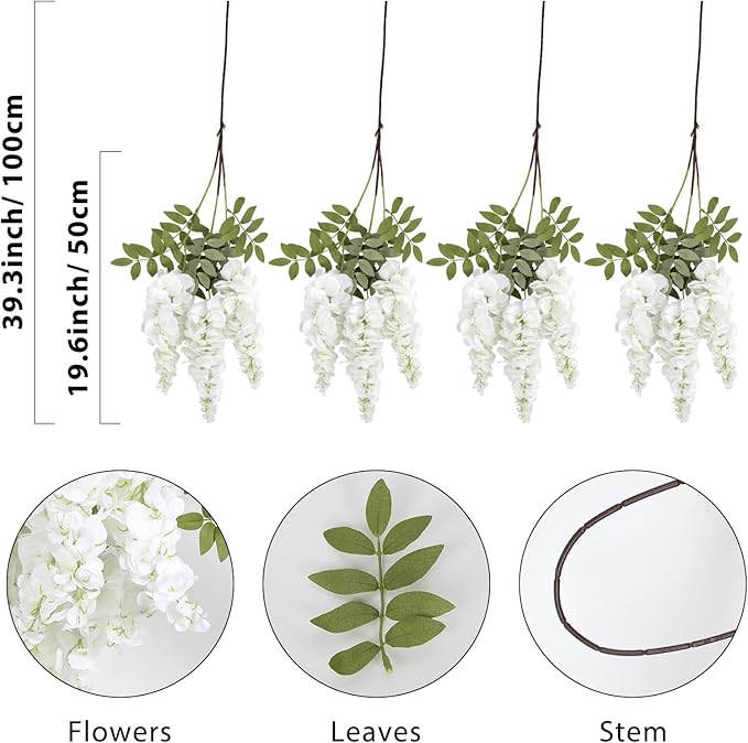 4PCS White Artificial Wisteria Hanging Flowers 40'' Tall Lush Fake Wisteria Flowers for Floor Vases Silk Flowers for Wedding Arch Ceremony Window Box Home Garden Backdrop Decoration (White)