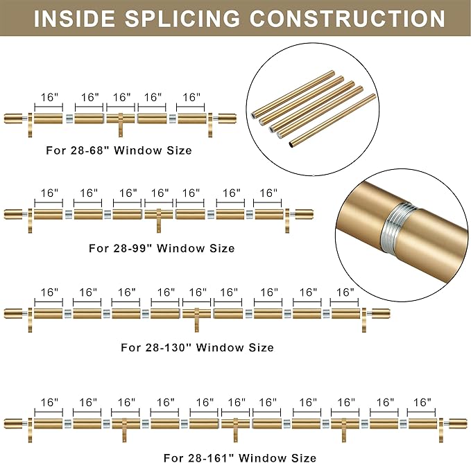 Curtain Rods for 28-161” Windows, Splicing Construction, 1” Adjustable Drapery Rod with Aluminum Alloy Brackets and Finials for Window, Sliding Door, Patio, Living Room Decoration, Brushed Gold