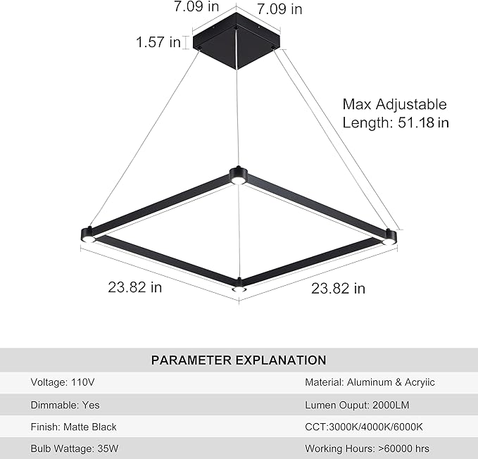 WELAKl Black Modern Square Chandelier, Square Ceiling Light Fixture, Contemporary Chandelier Pendant Light for Kitchen lsland, Dining Room, Bedroom