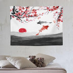 Japanese Koi Fish Tapestries, Cherry Blossoms Asian Oriental Flower Branch Koi Fish Carp Tapestry Wall Hanging for Bedroom Living Room Office Decor 40"x30"