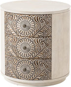 HOMPUS Round End Table with Carved Floral Pattern, Vintage Nightstand w 3 Storage Drawers, Modern 3 Drawer Dresser, Wood Retro Accent End Table for Living Room, Bedroom, Distress White