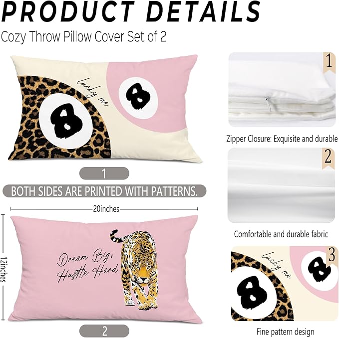 Trendy Leopard Lucky 8 Ball Pillow Covers 20x12, Cheetah Leopard Print Room Decor, Funky Preppy Leopard and Black Billiards Decorative Throw Pillow Covers for Girls Dorm Apartment，Set of 2