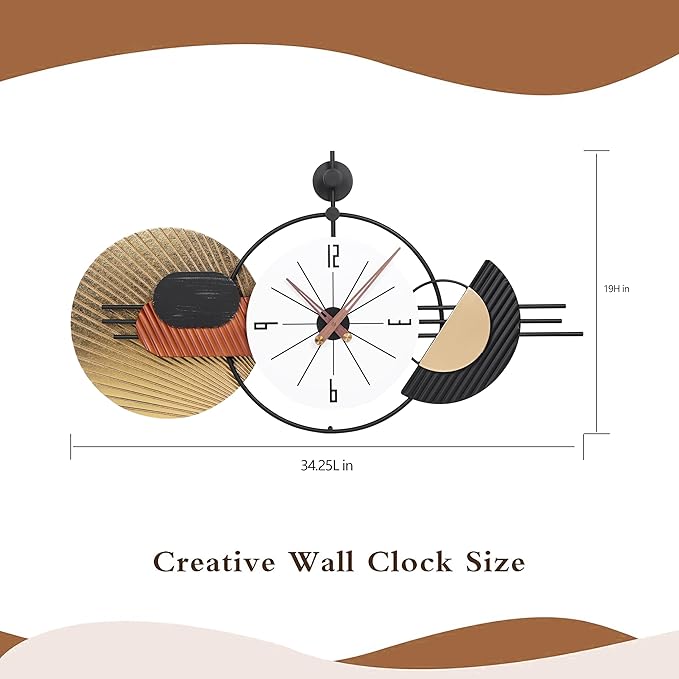 34x19 Inch Large Wall Clock Battery Operated Silent Non-Ticking, Modern Decorative Clocks for Home, Living Room, Kitchen, Bedroom, Office - Unique Abstract Design Timepiece